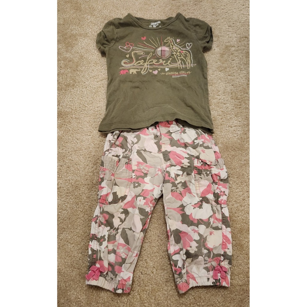 OshKosh B'gosh Toddler Girls Safari Shirt and Pink Floral Camo Cargo Pants Set 4